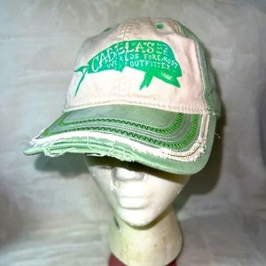 Cabela's Youth Size Distressed Trucker Baseball Cap Green Khaki Strap Back Hat
